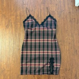 Black Plaid Lace Slip Mini Dress